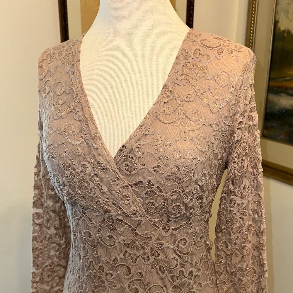 E. R. G. Collection Elegant Gold Shimmer Lace Dress Size Large View 3